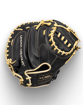 Black baseball catchers mitt with tan lacing. UNDER ARMOUR is embossed on the palm.